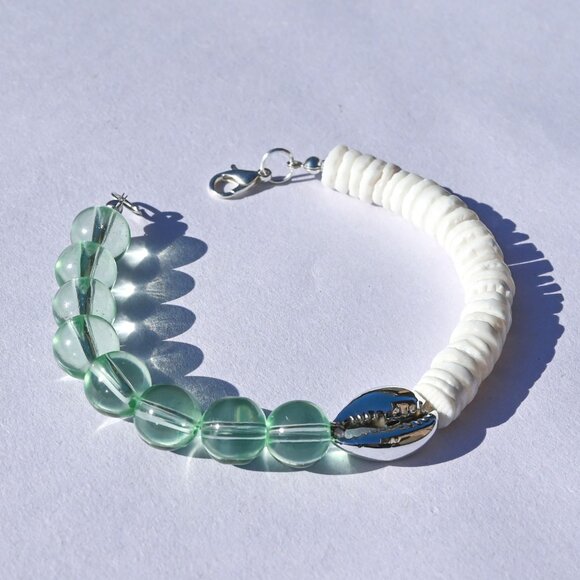 Handmade Bracelet with Cowrie Shell and Minty-Teal Glass - Picture 2 of 4
